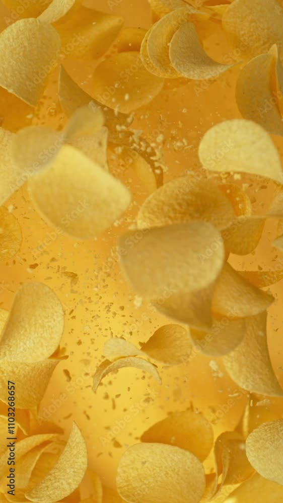 Super slow motion of flying fried potatoes chips on gradient yellow background. Filmed on high speed cinema camera, 1000 fps. Super slow motion of flying fried potatoes chips on gradient yellow background. Filmed on high speed cinema camera, 1000 fps.