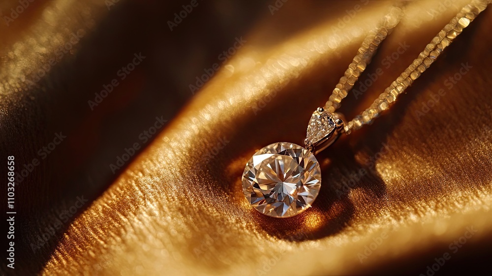 Fototapeta premium Diamond Pendant Necklace on Golden Fabric Background