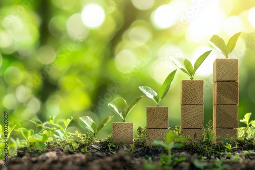 A graph made from wooden blocks going upward with a blurred green naturl background, representing business growth and success in sustainability. photo