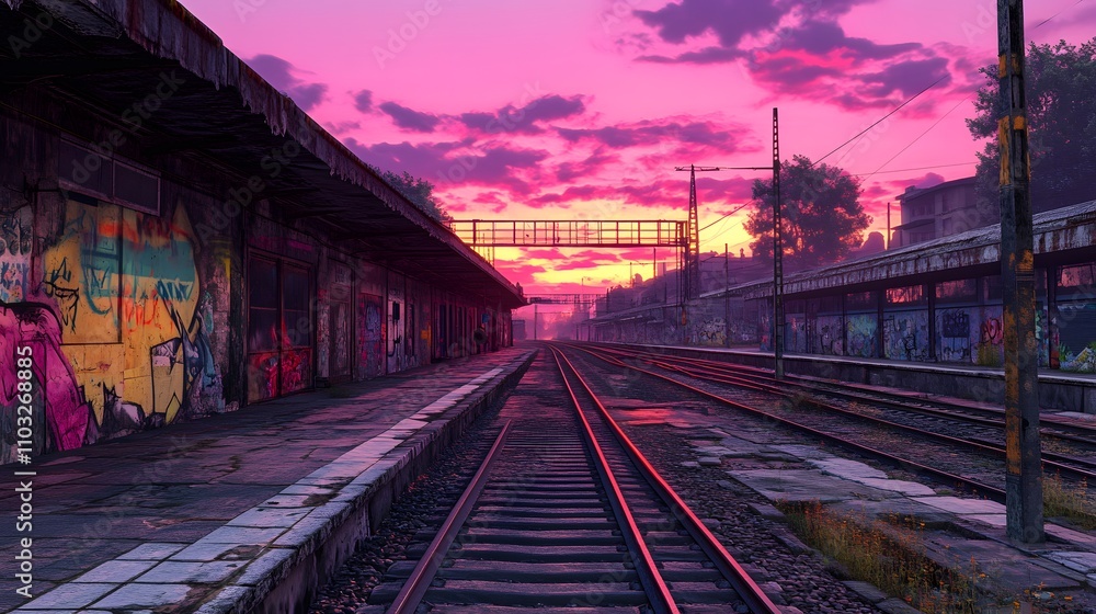 A vibrant sunset over a deserted train station with graffiti and railway tracks. A vibrant sunset over a deserted train station with graffiti and railway tracks.