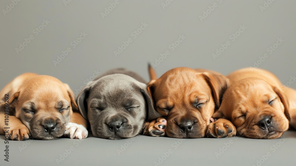 Four sleeping puppies in a row. Four sleeping puppies in a row.