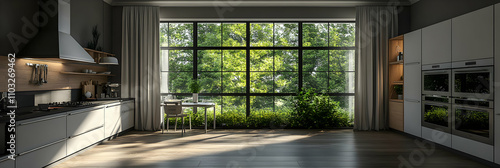 Modern Kitchen Design, Sunlit Room with Lush Greenery View, Elegant Cabinets and Stainless Steel Appliances