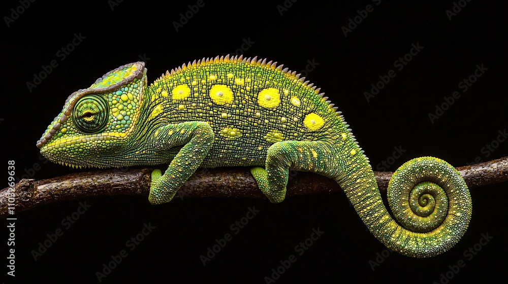 Obraz premium Close-up of Vivid Green Chameleon on Twig - Detailed Macro Shot of Reptile with Textured Scales and Spiral Tail