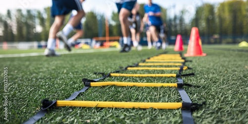 Agility Ladder Drills. A low angle, close up shot of an agility ladder lying on artificial turf with athletes in soft focus in the background. Focus is sharp on the ladder, providing a dynamic sense. photo