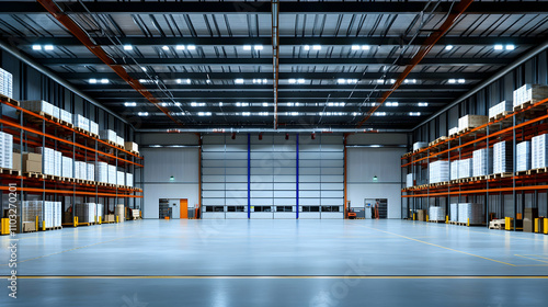 Spacious Warehouse Interior, Rows of Organized Goods on Shelves, Ready for Distribution