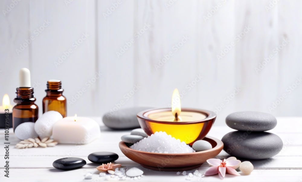 Serene Spa Setting: Aromatic Candles, Smooth Stones, and Relaxing Bath Salts for Ultimate Tranquility Serene Spa Setting: Aromatic Candles, Smooth Stones, and Relaxing Bath Salts for Ultimate Tranquility
