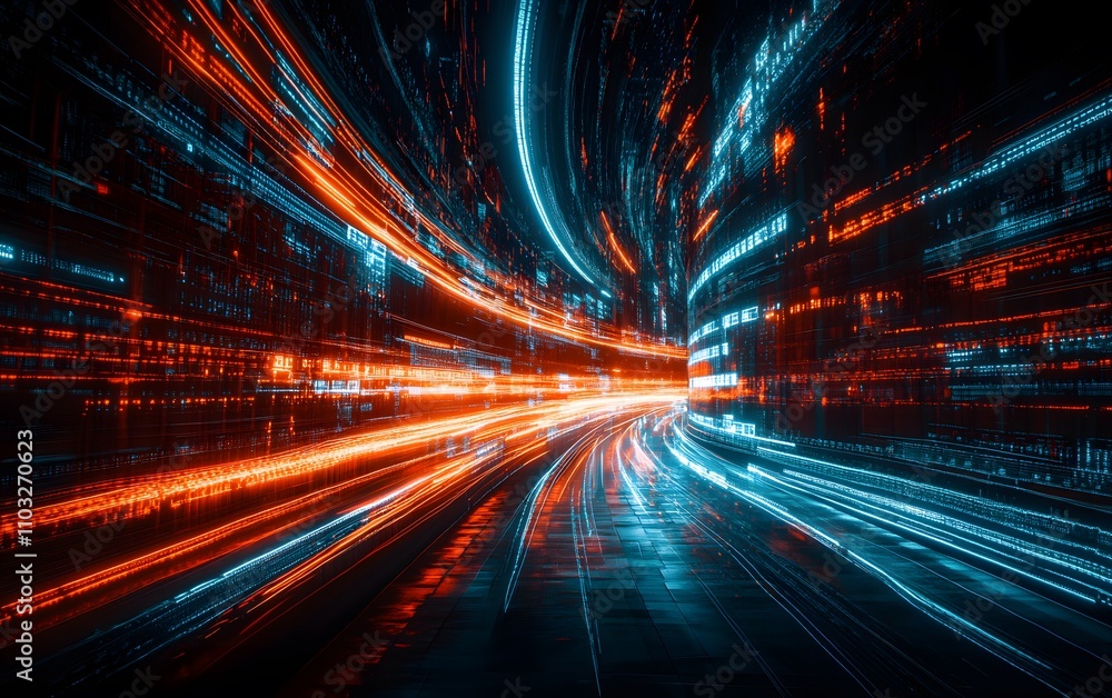 Obraz premium Abstract representation of digital motion with vibrant blue and orange light trails.