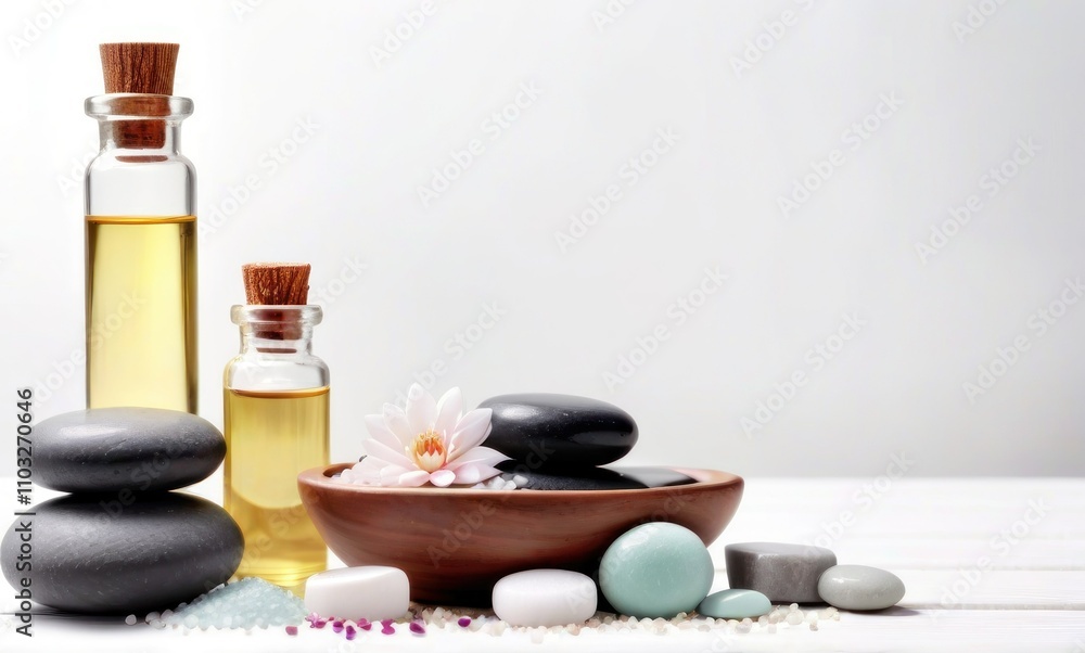 Serene Spa Setting with Essential Oils, Smooth Stones, and a Delicate Flower for Relaxation and Wellness Serene Spa Setting with Essential Oils, Smooth Stones, and a Delicate Flower for Relaxation and Wellness