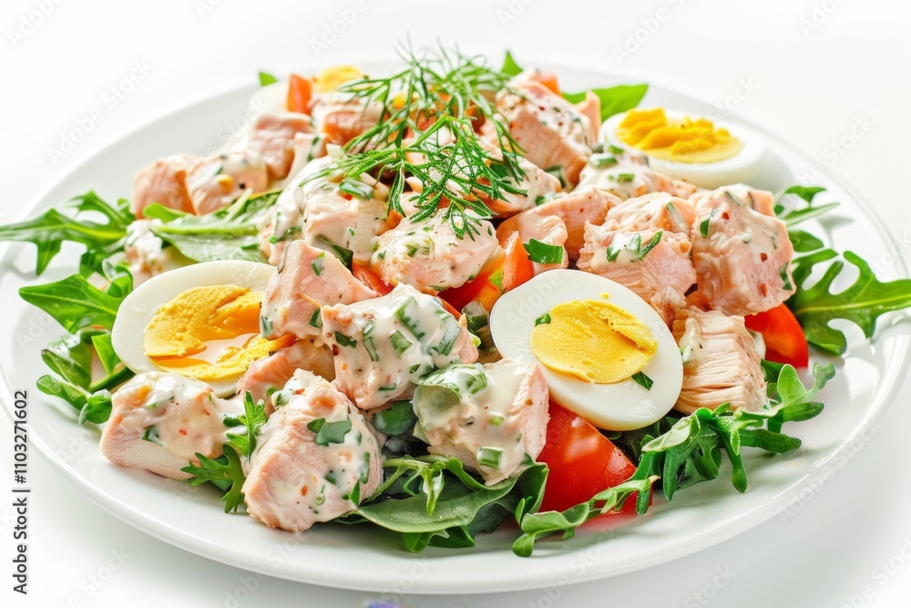 Chicken Mayonnaise Salad with Sliced Poultry Meat, Quail Eggs, Greens, Olivier Salat with Sliced Meat Chicken Mayonnaise Salad with Sliced Poultry Meat, Quail Eggs, Greens, Olivier Salat with Sliced Meat