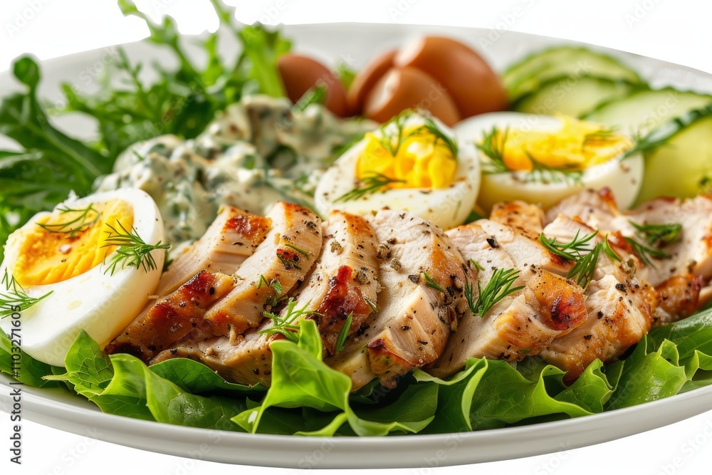 Chicken Mayonnaise Salad with Sliced Poultry Meat, Quail Eggs, Greens, Olivier Salat with Sliced Meat Chicken Mayonnaise Salad with Sliced Poultry Meat, Quail Eggs, Greens, Olivier Salat with Sliced Meat