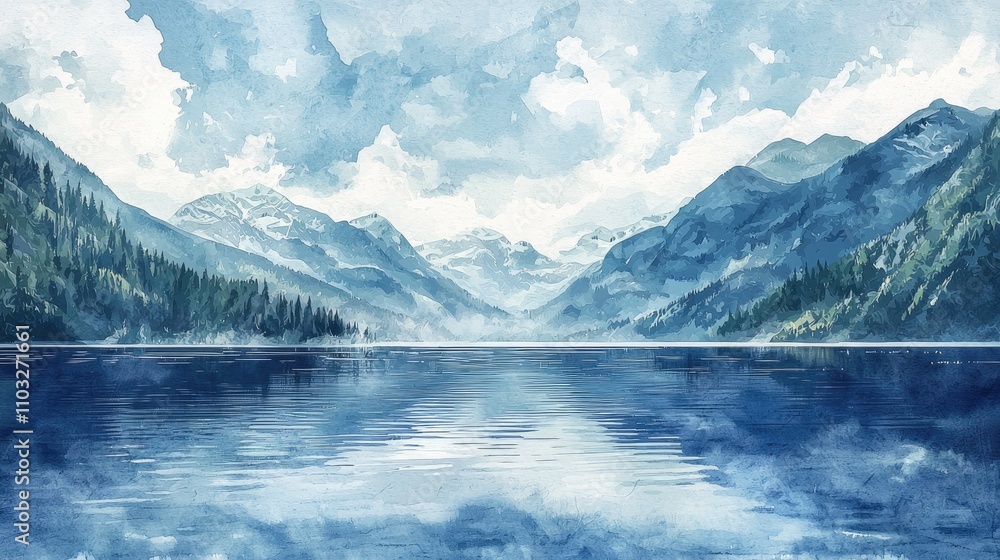 Fototapeta premium Watercolor Painting of a Mountain Range and a Lake