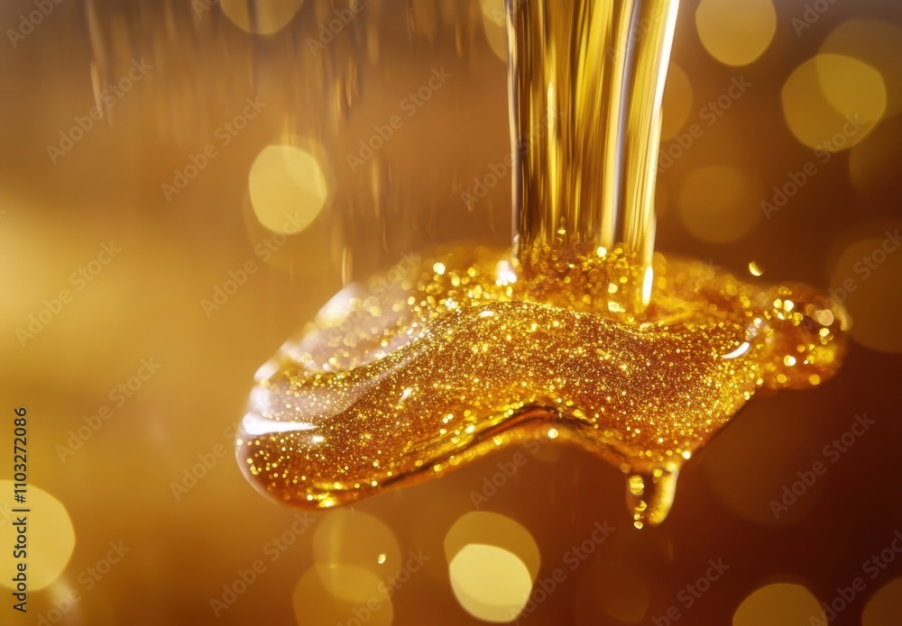 Close-Up Shot of Golden Honey Dripping with Sparkles and Glimmer on a Soft Golden Background for Food and Culinary Photography Close-Up Shot of Golden Honey Dripping with Sparkles and Glimmer on a Soft Golden Background for Food and Culinary Photography