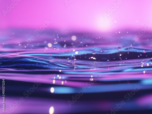 Vibrant droplets splash on a serene water surface, illuminated by soft purple hues, Ideal for backgrounds, wellness branding, or art projects emphasizing tranquility and fluidity, photo