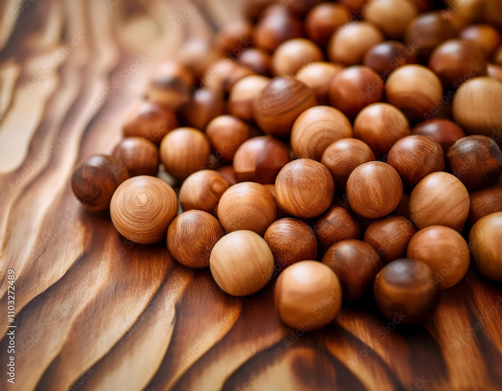 Close-Up of Wooden Beads with Smooth Finish and Natural Grain Close-Up of Wooden Beads with Smooth Finish and Natural Grain