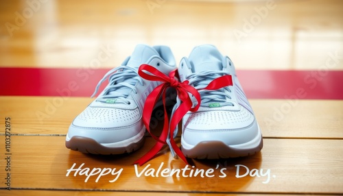 Sporty Valentine's Gift. White sneakers with red ribbon on wooden floor, 