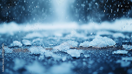 Hailstorm with ice pellets hitting the ground, severe weather, frozen precipitation