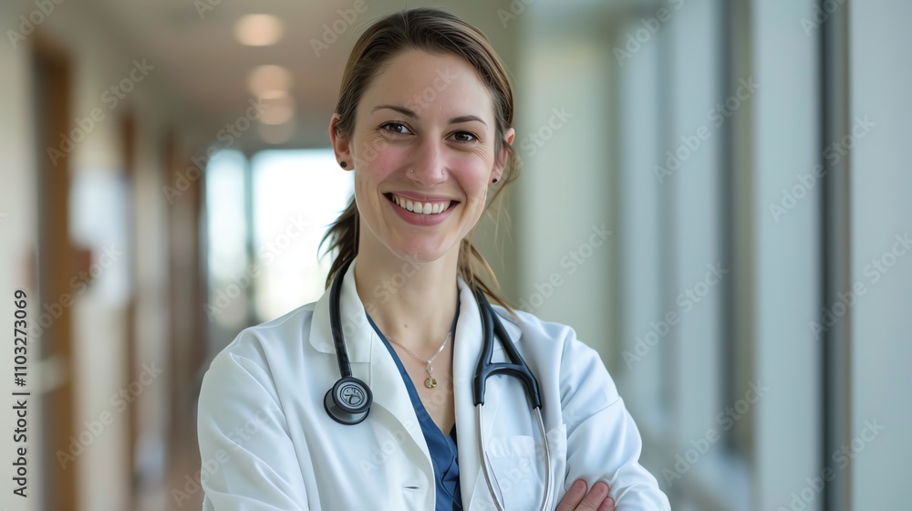 A smiling female doctor in a white coat and stethoscope looks directly at the camera. A smiling female doctor in a white coat and stethoscope looks directly at the camera.