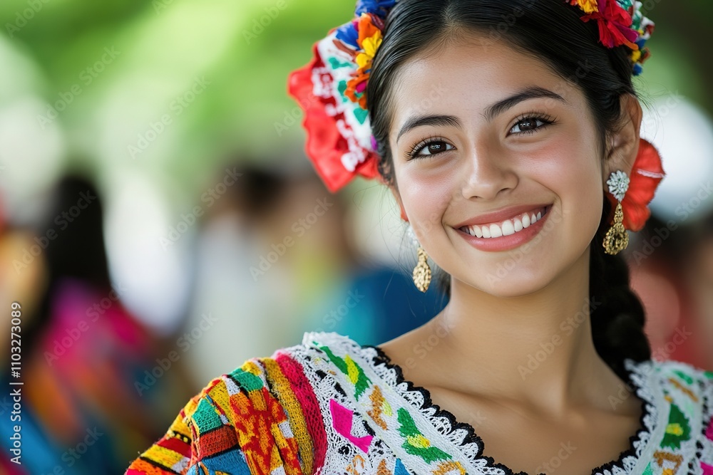 Smiling woman in colorful traditional Mexican dress Smiling woman in colorful traditional Mexican dress
