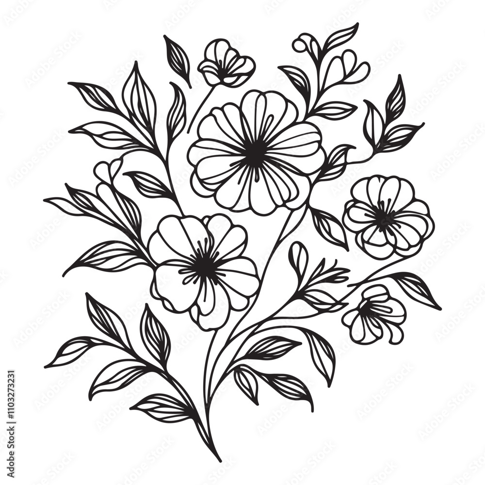 One continuous single hand drawing black line art doodle of blooming flower illustration on white background One continuous single hand drawing black line art doodle of blooming flower illustration on white background
