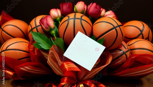 Valentine's Basketball. A bouquet of basketballs with roses and a card for Valentine's Day.