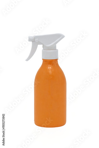 Sunscreen isolated on orange-colored spray bottle white cap appears to be made plastic has cylindrical shape flat base