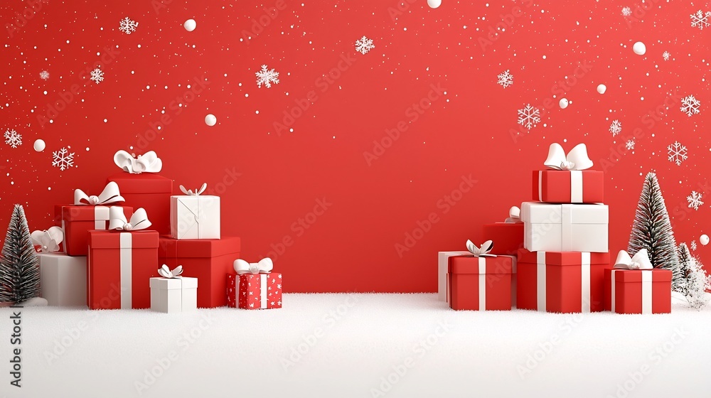 Festive snow covered holiday scene with neatly stacked red gift boxes adorned with white bows on a soft red gradient background creating a joyful and celebratory Christmas atmosphere Festive snow covered holiday scene with neatly stacked red gift boxes adorned with white bows on a soft red gradient background creating a joyful and celebratory Christmas atmosphere