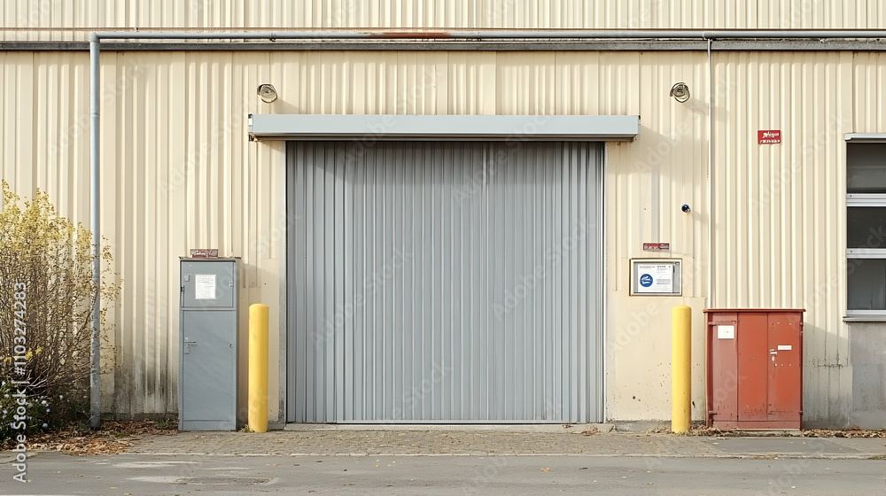 Industrial Building Exterior, Grey Metal Roll-Up Door, Beige Walls, and Utility Boxes