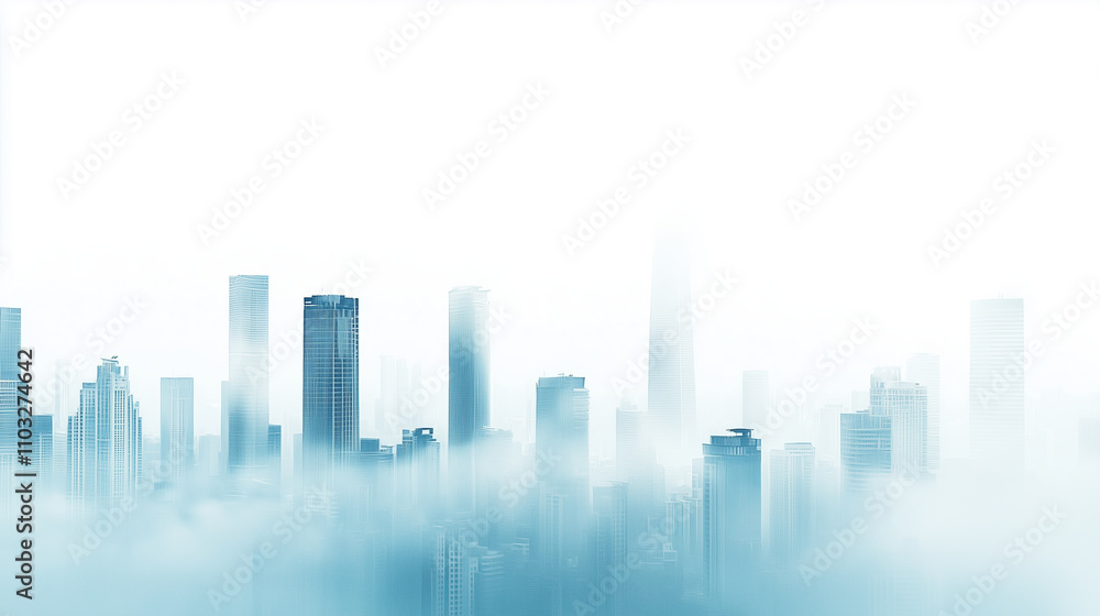 Cityscape with skyscrapers partially obscured by fog.. Cityscape with skyscrapers partially obscured by fog..