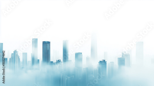 Cityscape with skyscrapers partially obscured by fog..