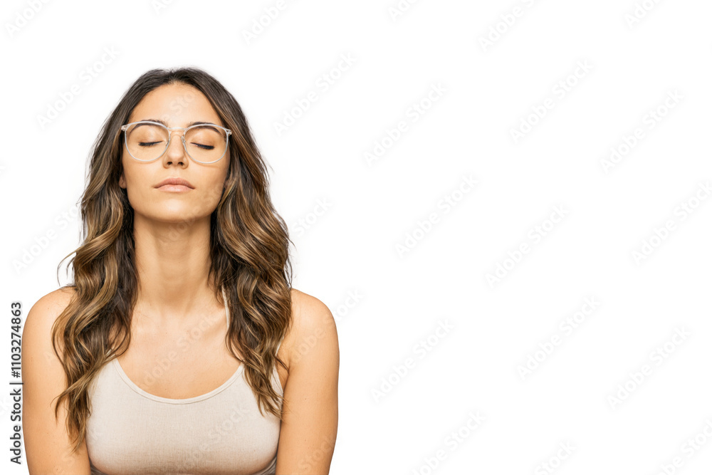 Young Indian woman portrait long brown hair glasses wearing light pink tank top blue jeans Young Indian woman portrait long brown hair glasses wearing light pink tank top blue jeans