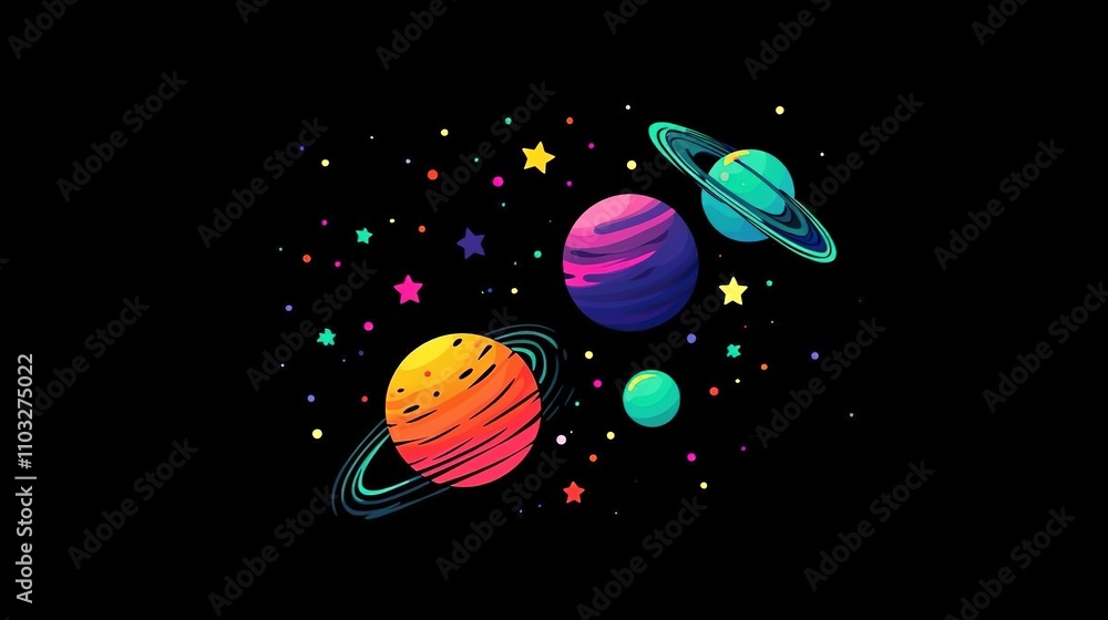 Fototapeta premium A mesmerizing galaxy of stars and planets, with vibrant red, blue, green, purple, and orange hues against a pure black background, capturing the beauty and mystery of the cosmos in anime style.