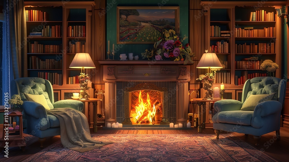 A cozy living room with a fireplace, bookshelves, and armchairs. A cozy living room with a fireplace, bookshelves, and armchairs.