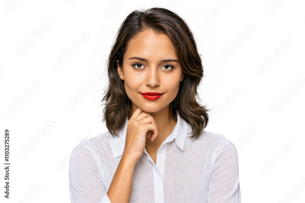 Young Indian woman portrait shoulder-length dark hair She wearing white button-down shirt Young Indian woman portrait shoulder-length dark hair She wearing white button-down shirt