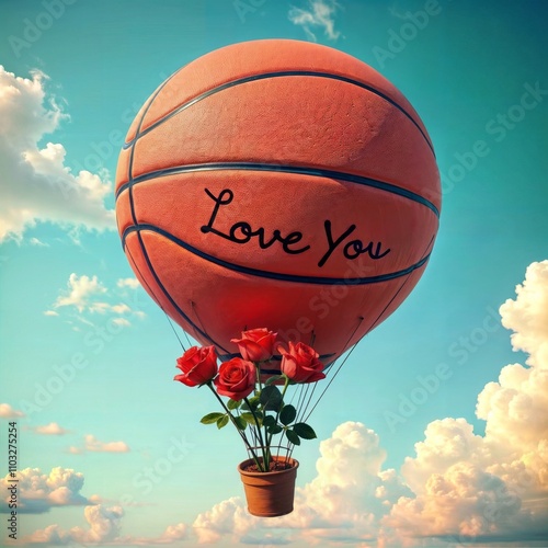 Love You Basketball. A basketball shaped like a hot air balloon with roses and 