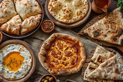 Georgian Food, Adjarian Khachapuri Dishes Set, Kutabs, Chebureks on Rustic Tablecloth Burlap Background photo