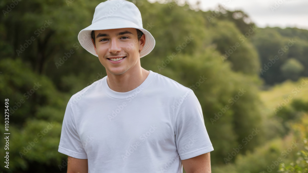 Young man wearing white t-shirt and white bucket hat standing in nature Young man wearing white t-shirt and white bucket hat standing in nature
