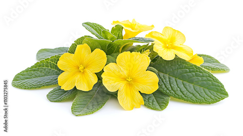 yellow narcissus flower with green leaves isolated on white background