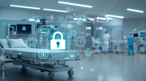Digital glowing lock and security symbols near a hospital bed with light trails emphasizing the protection of sensitive healthcare data and cybersecurity in the medical industry