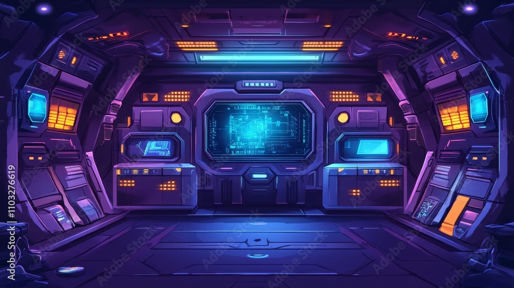 Futuristic Sci-Fi Control Room Interior Design with High-Tech Screens, Neon Lights, and Advanced Technology Panels in a Dark Ambience Futuristic Sci-Fi Control Room Interior Design with High-Tech Screens, Neon Lights, and Advanced Technology Panels in a Dark Ambience