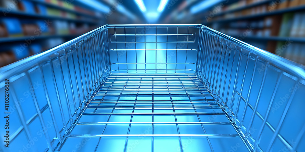 Fototapeta premium Empty Shopping Cart in Supermarket Aisle, A Blue-Toned Perspective of Consumerism and Retail