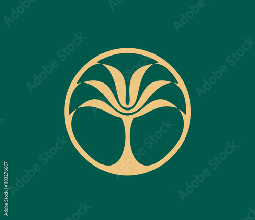 Tropical summer tropical palm beach tree icon. Vector golden palm tree plant inside of circle on a dark green background, symbolizing growth, nature, summer beach vacation and exotic travel recreation