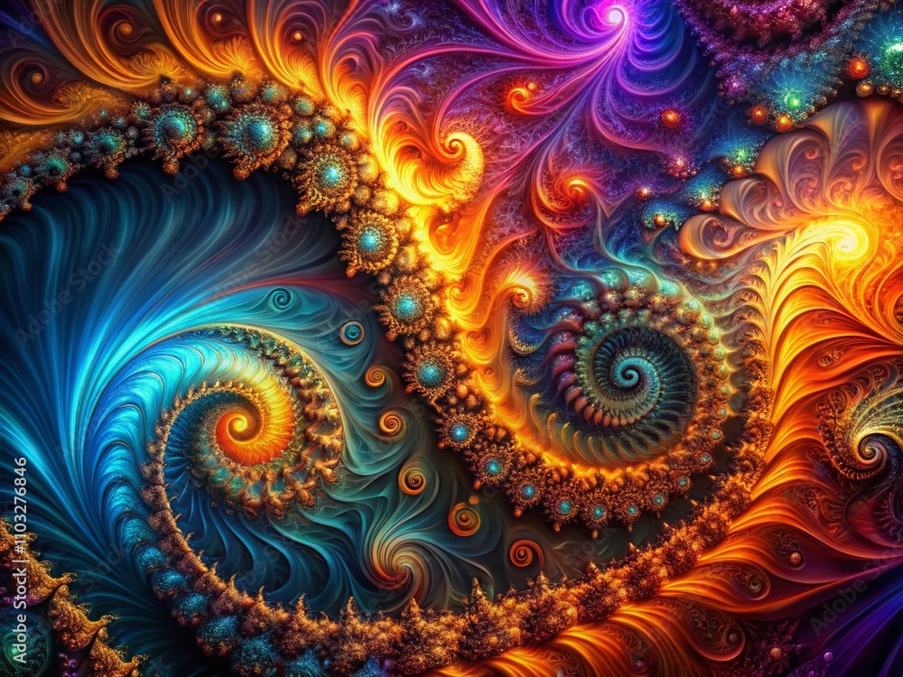 Abstract Fractal Composition of Glowing Wavy Shapes with Colorful Swirls in Low Light Photography Creating a Mesmerizing Visual Experience for Digital Art Enthusiasts Abstract Fractal Composition of Glowing Wavy Shapes with Colorful Swirls in Low Light Photography Creating a Mesmerizing Visual Experience for Digital Art Enthusiasts