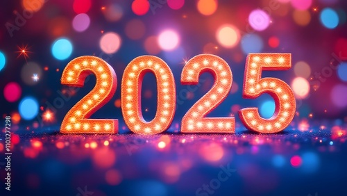 2025 new year celebration with colorful bokeh lights and sparkling background