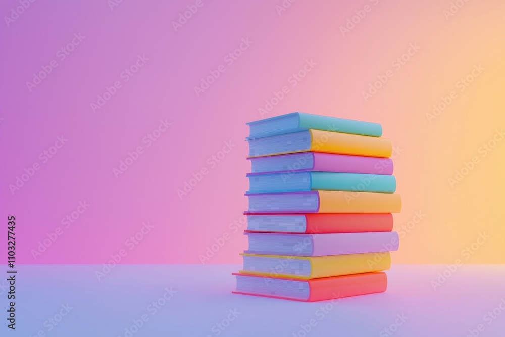 A stack of colorful books on a vibrant gradient pastel background. 