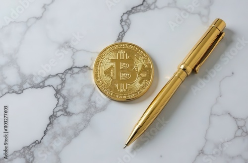 Flatlay of a Bitcoin coin and a gold pen on a light gray marble surface photo