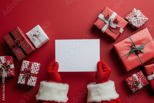 Santa Claus clutching a blank Christmas card. Festive message mock-up  .Santa Claus with an empty Christmas card. Festive message design  .Santa Claus carrying a blank Christmas card. Festive message