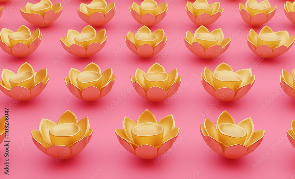Golden lotus candlesticks are arranged neatly on a pink background