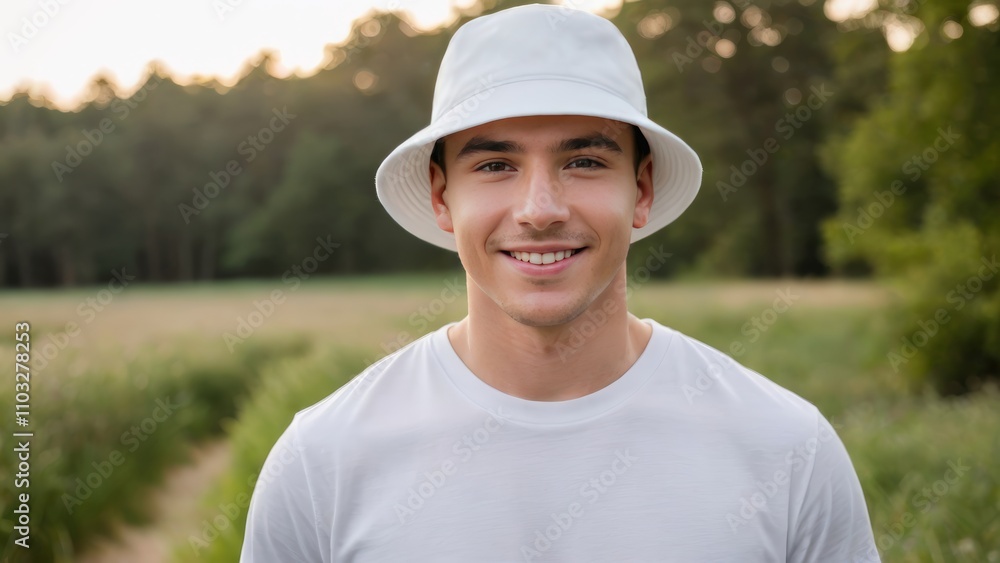 Young man wearing white t-shirt and white bucket hat standing in nature Young man wearing white t-shirt and white bucket hat standing in nature