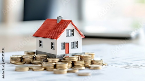 Wallpaper Mural A small red house model placed on a golden pile of coins with more coins gently falling around it highlighted by warm golden hour tones Torontodigital.ca