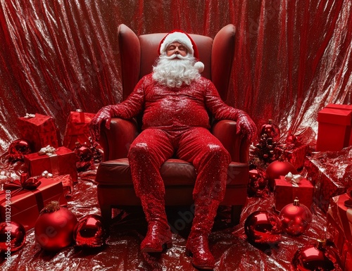 A fashion-forward Santa Claus-inspired urban hipster man, decked out in trendy casual wear, stands in front of a dazzling red backdrop, embodying the holiday cheer of New Year's and Christmas. photo